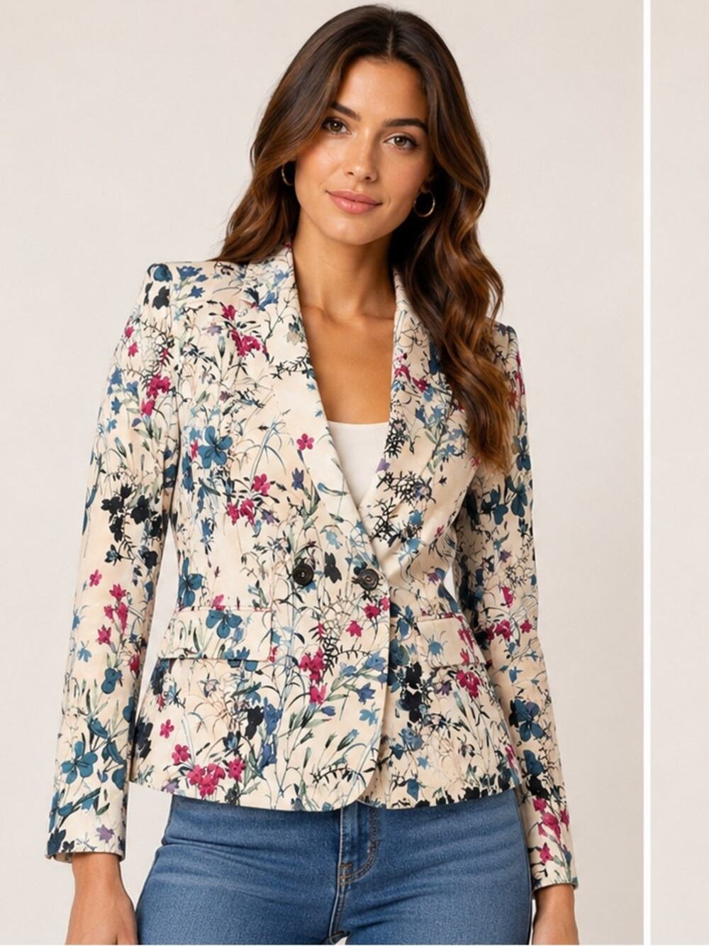 DAKS London Floral Double Breasted Blazer Jacket Cream multi IT 38 US 2-4 NWT